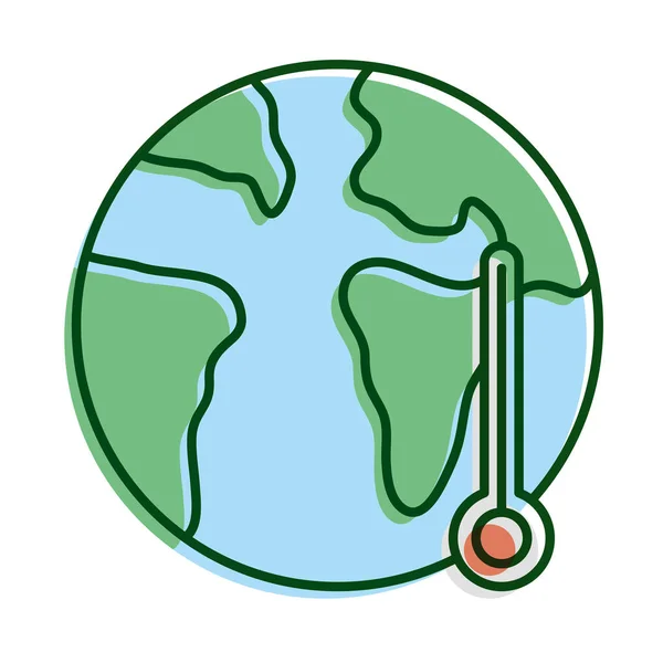 Wereld planeet aarde met thermometer ecologie lijn en vul pictogram — Stockvector
