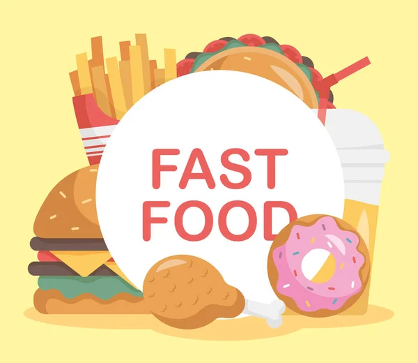 Paquete de seis iconos de comida rápida conjunto y letras — Vector de stock