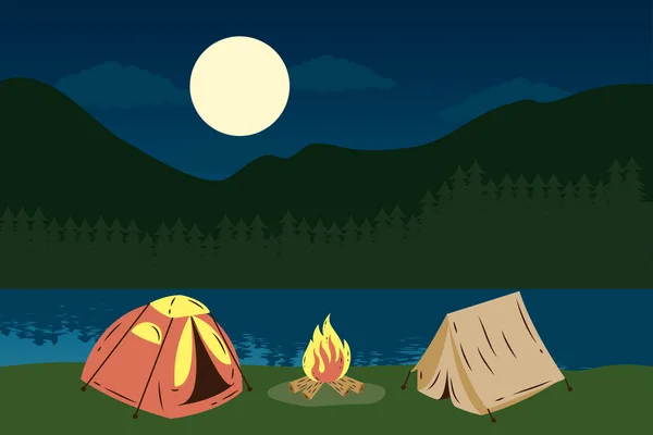 Namioty kempingowe z ogniskiem w jeziorze na scenie nocnej — Wektor stockowy