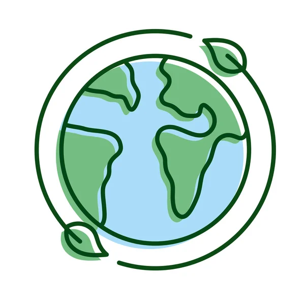 Planta de hojas alrededor de la línea de ecología del planeta tierra y el icono de relleno — Vector de stock