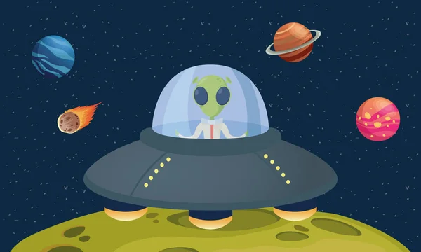 Αλλοδαπός κωμικός χαρακτήρας σε ufo με πλανήτες σκηνή — Διανυσματικό Αρχείο