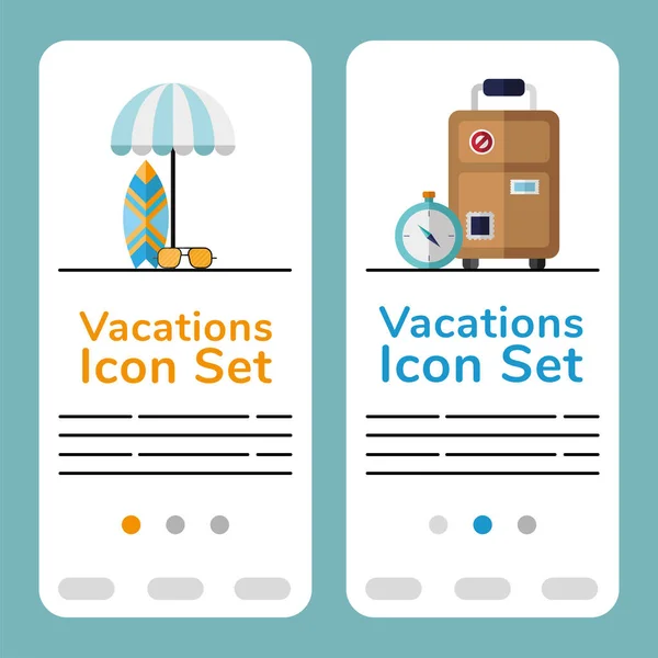Nyaralás utazási készlet ikonok és betűk plakátok — Stock Vector