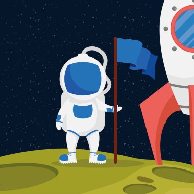 Bayrak ve roketli astronot uzay karakteri