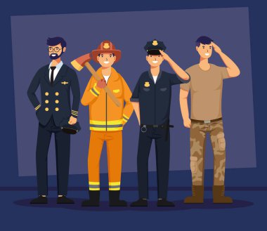 Dört erkek işçi meslek gurubu karakter avatarları