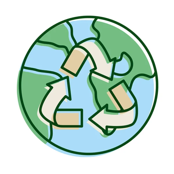Welt Planet Erde mit Pfeilen recyceln Ökologie Linie und füllen Symbol — Stockvektor