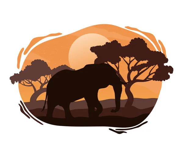 Elefante salvaje fauna silueta escena — Vector de stock