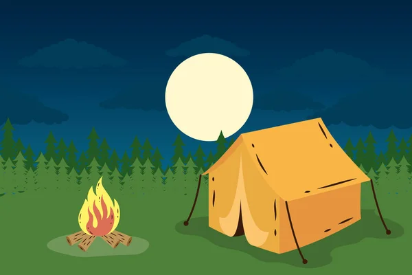 Camping tält med lägereld på natten scen — Stock vektor