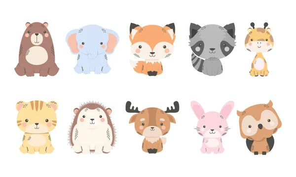 Lindo diez animales personajes cómicos — Vector de stock