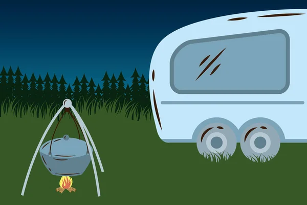 Caravane camping-car maison et pot cuisine dans la scène du camp — Image vectorielle