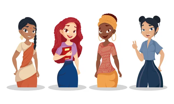 Mulheres jovens grupo diversidade personagens — Vetor de Stock