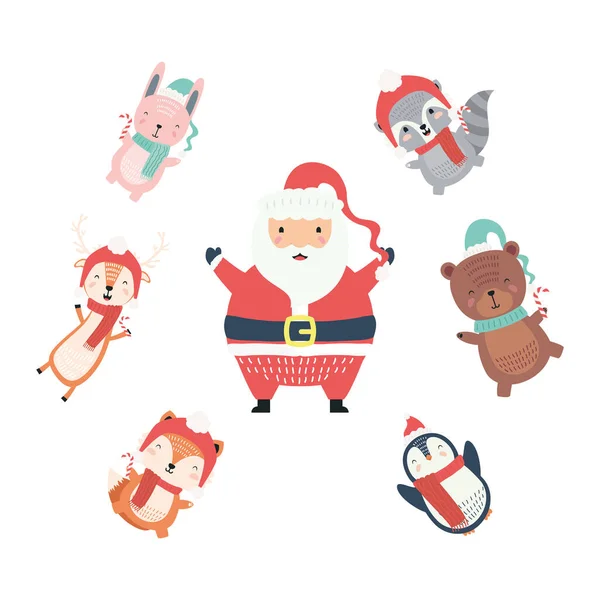 Santa con animales lindos alrededor de usar personajes de ropa de Navidad — Vector de stock