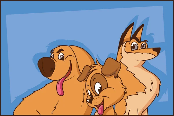 Grupo de tres perros personajes de dibujos animados cómicos en fondo azul — Vector de stock