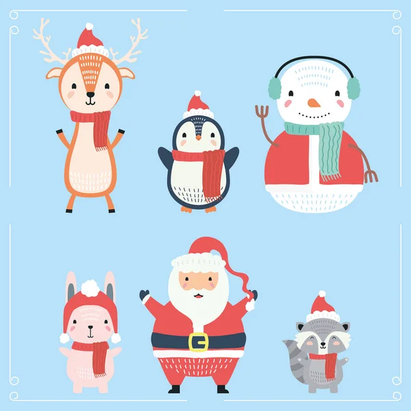 Papá Noel y animales con personajes de ropa navideña — Archivo Imágenes Vectoriales