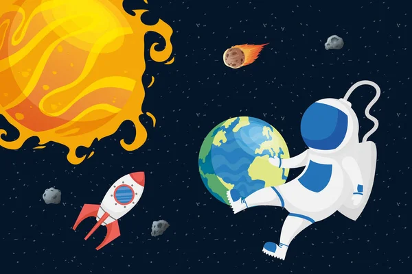 Astronauta personagem espacial com planetas e sol —  Vetores de Stock