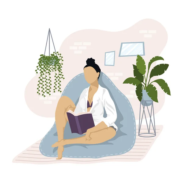 Mujer joven leyendo libro en el sofá — Vector de stock