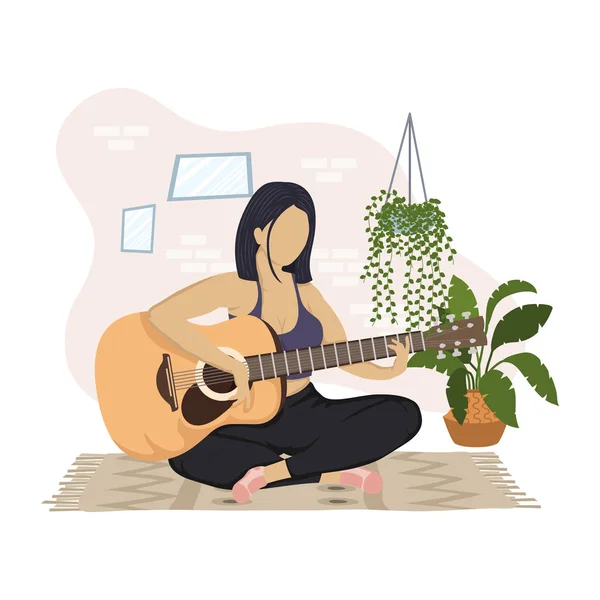 Молода жінка грає на гітарі персонажа в будинку — стоковий вектор