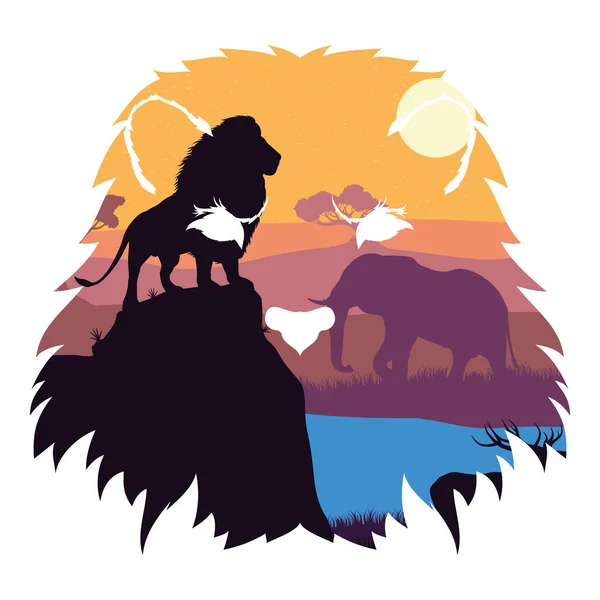 Lion sauvage et éléphant faune silhouettes scène — Image vectorielle