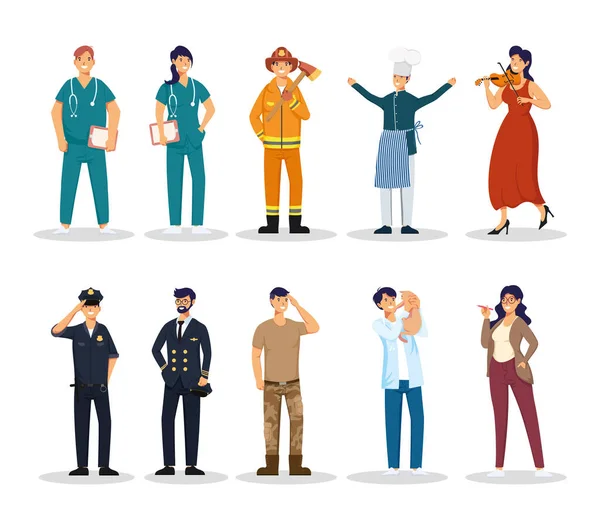 Grupo de diez trabajadores profesiones avatares caracteres — Vector de stock