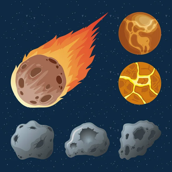 Asteroiden mit Planeten und Meteoriten in Flammen — Stockvektor