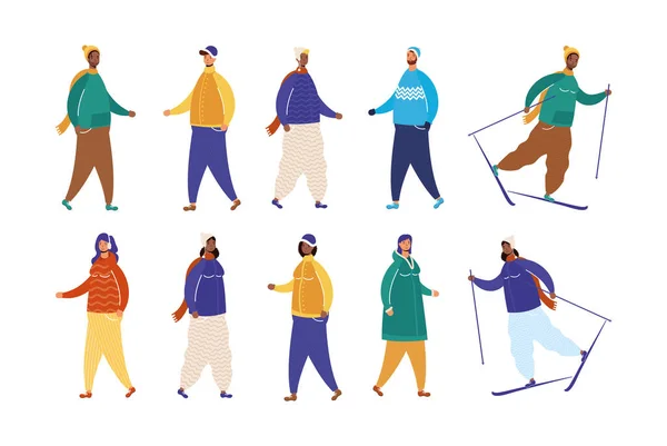 Groupe de personnes interracial portant des vêtements d'hiver pratiquant le ski — Image vectorielle