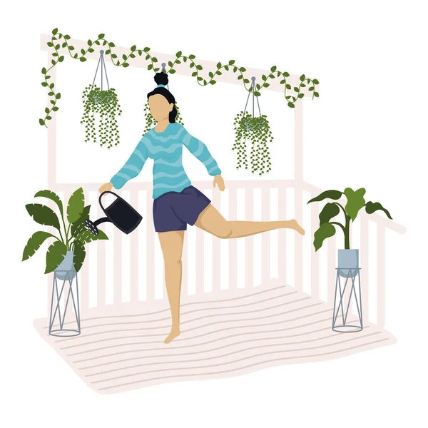Mujer joven regando las plantas en la casa — Vector de stock