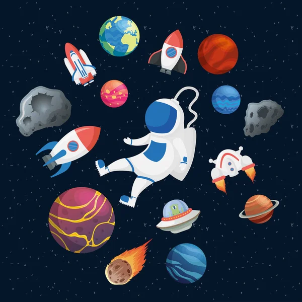 Astronauta con iconos de set espacial — Archivo Imágenes Vectoriales