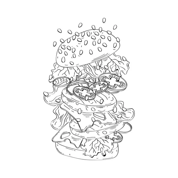 Delicioso hamburguesa comida rápida dibujado icono — Archivo Imágenes Vectoriales