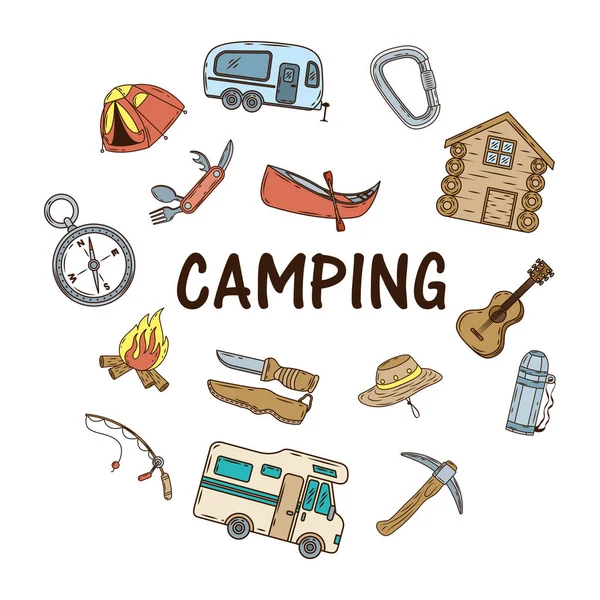 Bündel von Campingset-Symbolen und Schriftzügen — Stockvektor