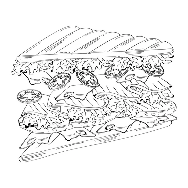 Delicious sandwich fast food drawn icon — Stock Vector