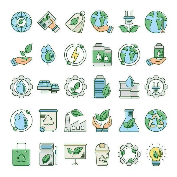 Bundle of thirty eco and earth line and fill style icons — Stock Vector