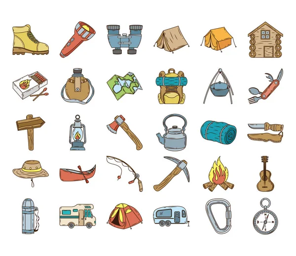 Paquet de trente ligne de jeu de camping et de remplir des icônes — Image vectorielle