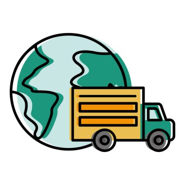 Dünya vektör tasarımının önünde teslimat kamyonu