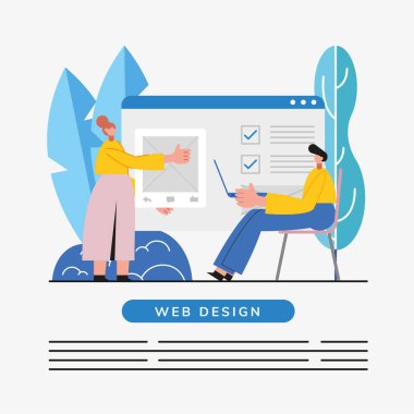 Web tasarımı kadın ve erkek dizüstü bilgisayar vektörü çizimi