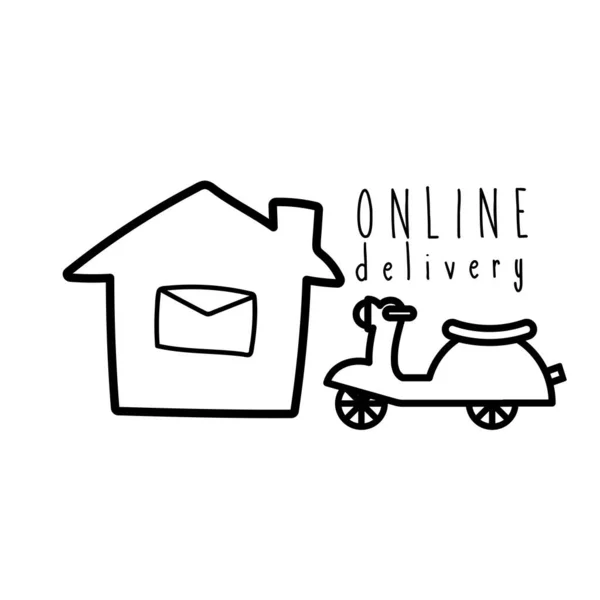 Campaña de letras de entrega en línea con estilo de línea de casa y motocicleta — Vector de stock