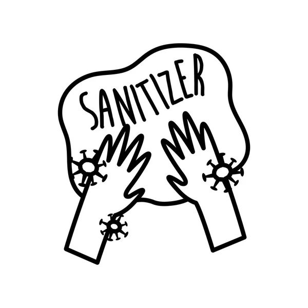 Sanitizer your hands lettering campaign with hands and particles line style — Stock Vector