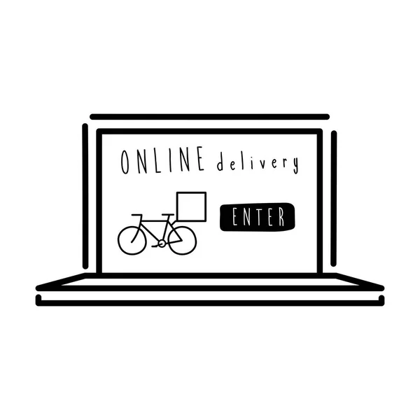 Online καμπάνια παράδοσης με bycicle σε στυλ γραμμής laptop Διανυσματικά Γραφικά