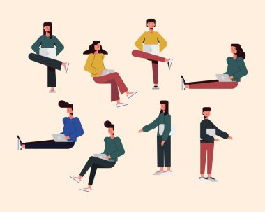 Dizüstü bilgisayar simgesi koleksiyonu vektör tasarımlı insanlar