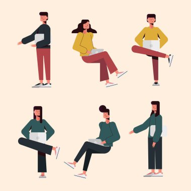 Dizüstü bilgisayar simgesi olan kişiler vektör tasarımı