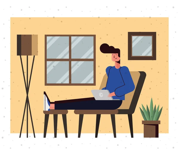 Uomo cartone animato con computer portatile a casa progettazione vettoriale — Vettoriale Stock