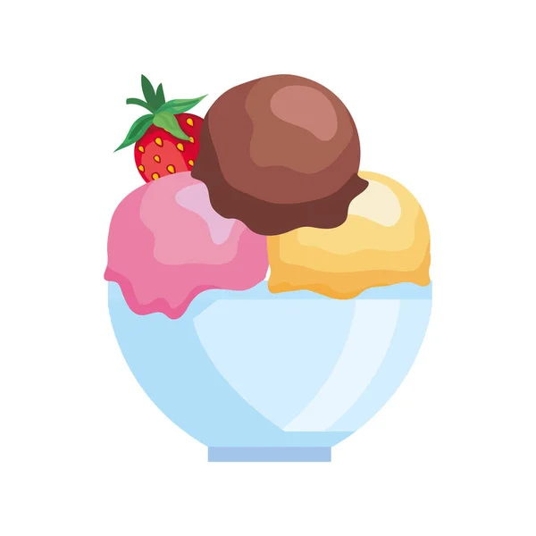 Dondurma topları ve kasede çilek — Stok Vektör