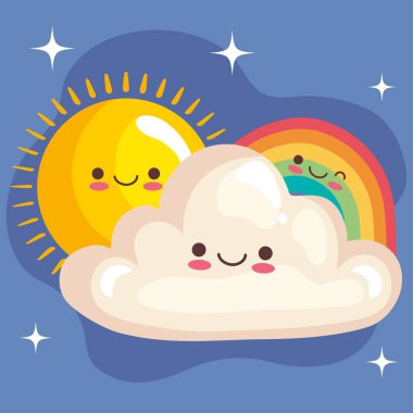 Tatlı gökkuşağı ve bulut güneş etiketli kawaii karakterleri