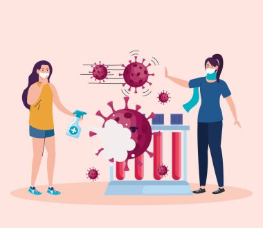 Kovid19 parçacık karakterli ve tüp testli tıbbi maskeler giyen kızlar