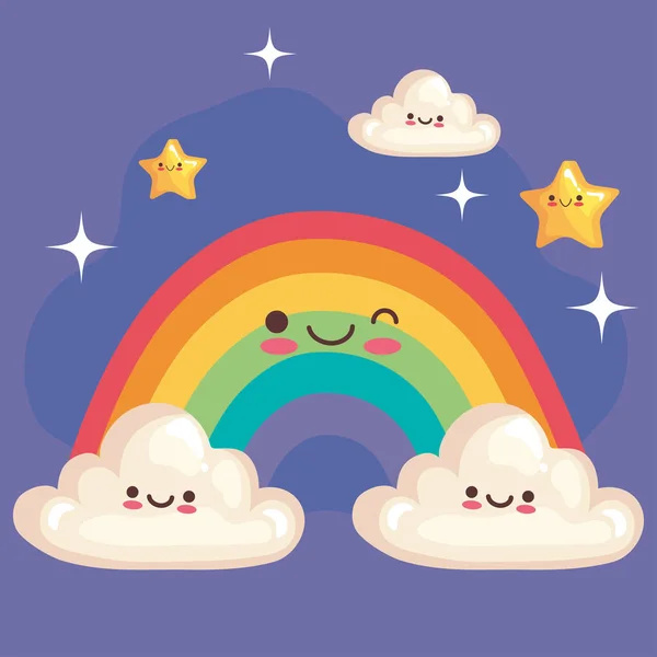 Niedlichen Regenbogen mit Sternen und Wolken Aufkleber kawaii Zeichen — Stockvektor