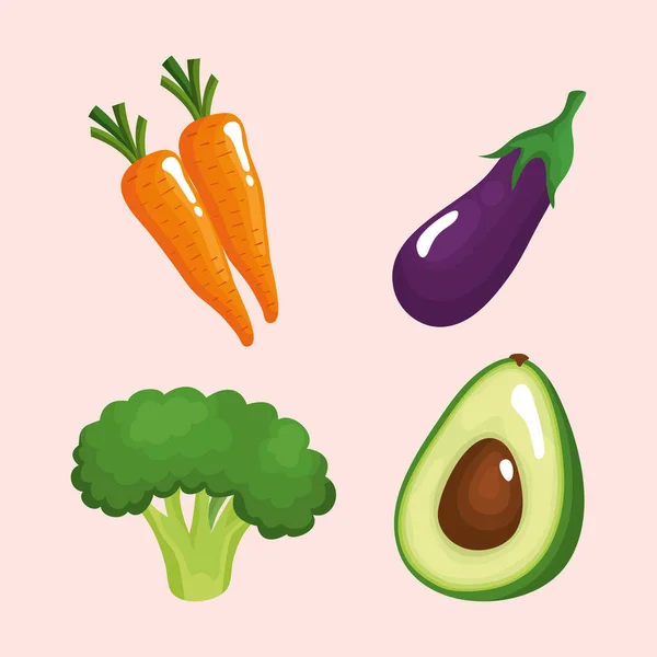 Paquet de quatre légumes aliments sains icônes — Image vectorielle