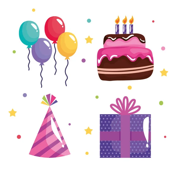 Paquete de cuatro iconos de celebración de cumpleaños de fiesta — Vector de stock