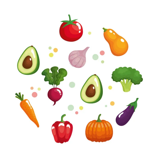 Paquete de once verduras alimentos saludables conjunto de iconos — Vector de stock