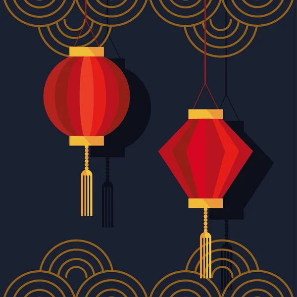 Chinese lamps hanging and golden laces decoration icons — Stock Vector