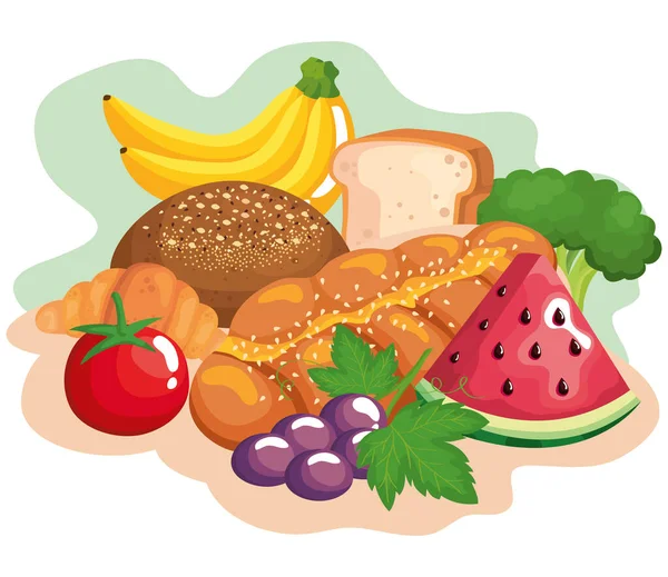 Verduras con frutas e iconos de alimentos saludables — Vector de stock