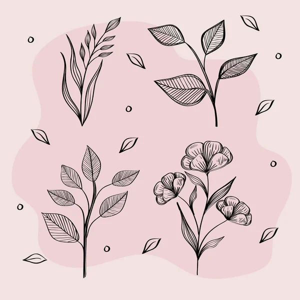 Paquet de quatre fleurs dessin icônes écologie de la nature — Image vectorielle
