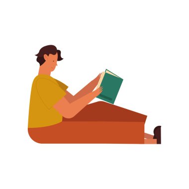 Çocuk oturmuş kitap vektörü tasarımı okuyor.